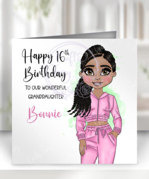 personalised lady in pink tracksuit birthday or congratulations card
