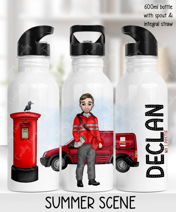 personalised postman postie in red straight 600ml water bottle