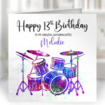 personalised watercolour colourful splash drums birthday or congratulations card