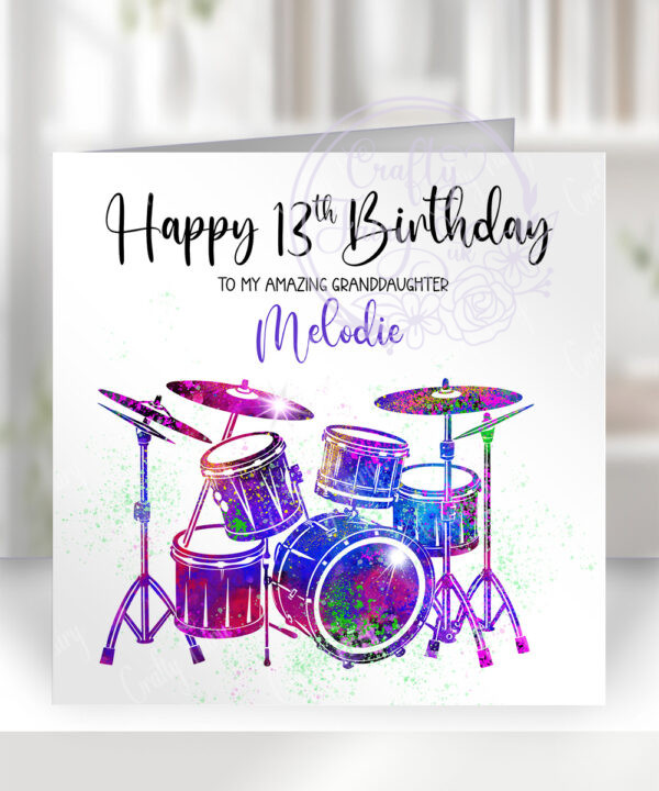 personalised watercolour colourful splash drums birthday or congratulations card
