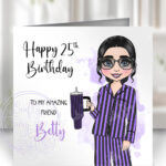 personalised goth girl in purple stripe pj's birthday or congratulations card