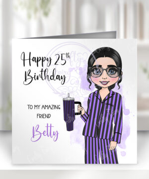 personalised goth girl in purple stripe pj's birthday or congratulations card