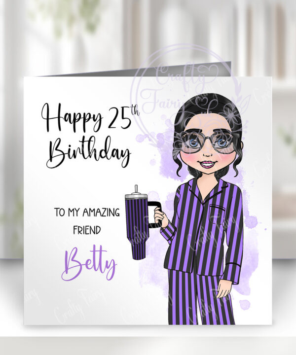 personalised goth girl in purple stripe pj's birthday or congratulations card