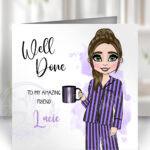 personalised goth girl in purple stripe pj's birthday or congratulations card