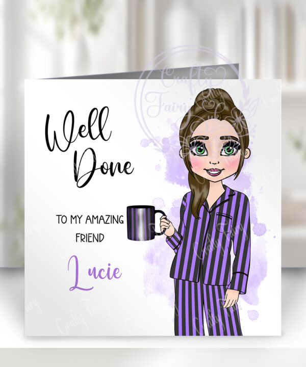 personalised goth girl in purple stripe pj's birthday or congratulations card