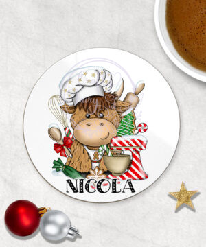 3399 highland cow chef personalised christmas coaster 2