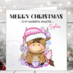 3408 pink santa highland cow personalised christmas card 1