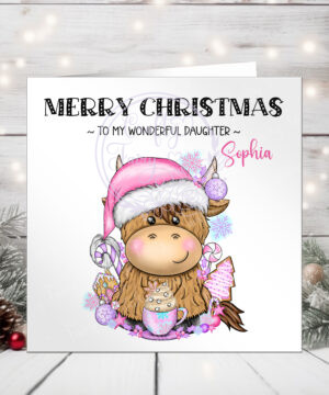 3408 pink santa highland cow personalised christmas card 1