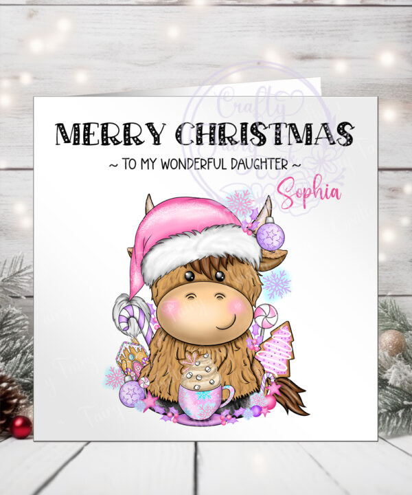 3408 pink santa highland cow personalised christmas card 1