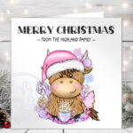3408 pink santa highland cow personalised christmas card 2