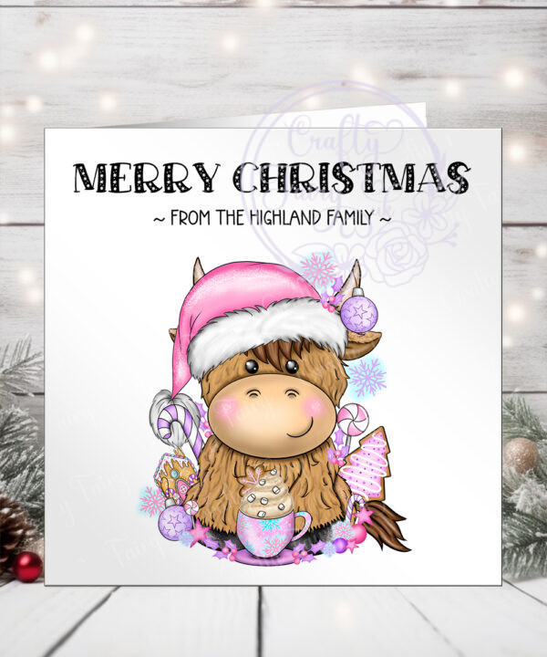 3408 pink santa highland cow personalised christmas card 2