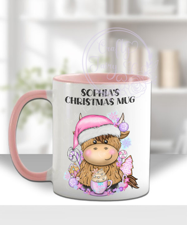 3409 pink santa highland cow personalised christmas mug 2