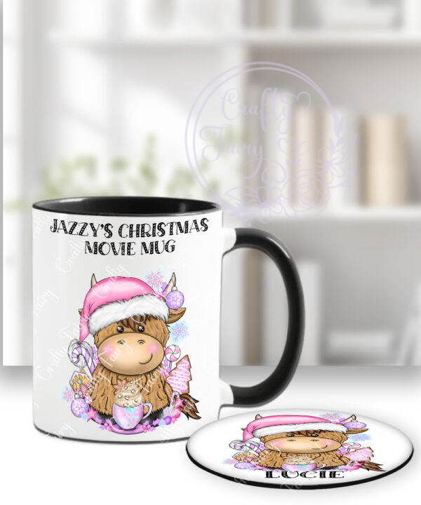 3409 pink santa highland cow personalised christmas mug coaster 3