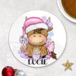 3410 pink santa highland cow personalised christmas coaster 2