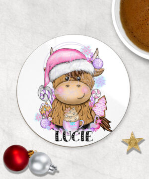 3410 pink santa highland cow personalised christmas coaster 2