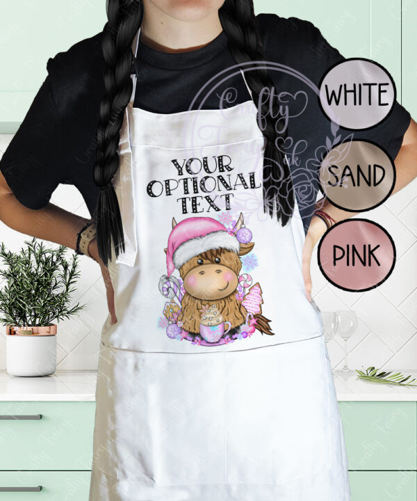 3411 pink santa highland cow personalised christmas apron 1