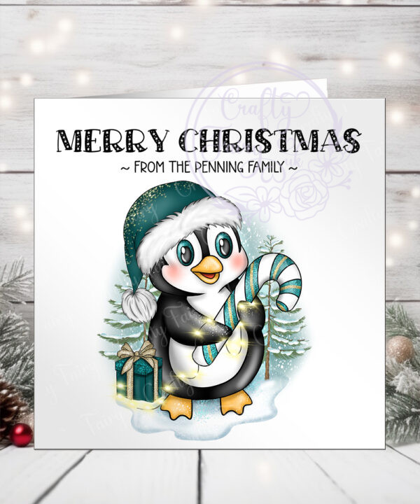 3426 personalised teal penguin christmas card 1
