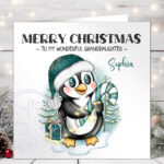 3426 personalised teal penguin christmas card 2