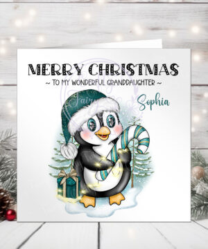 3426 personalised teal penguin christmas card 2