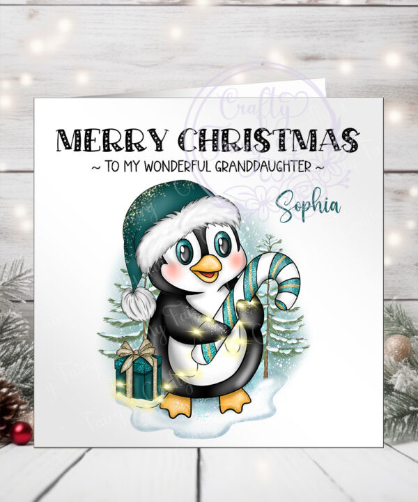 3426 personalised teal penguin christmas card 2