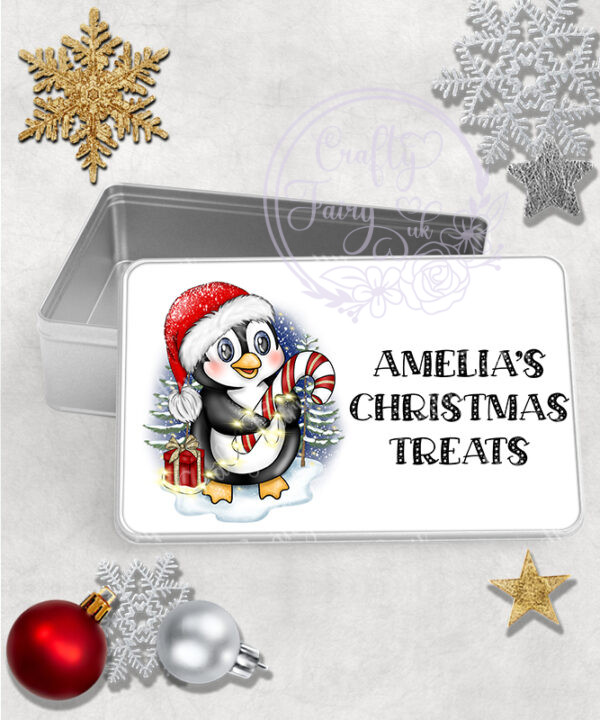 3438 personalised red santa penguin christmas tin 1