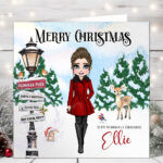 personalised lady in red coat & black boots winter snow christmas card