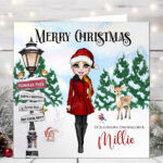 personalised lady in red coat & black boots winter snow christmas card