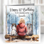 personalised man lady dogs family winter scene birthday or christmas card