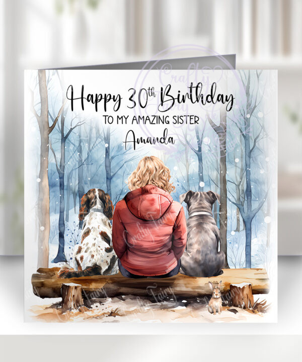 personalised man lady dogs family winter scene birthday or christmas card