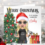 personalised hairdresser with tree christmas card