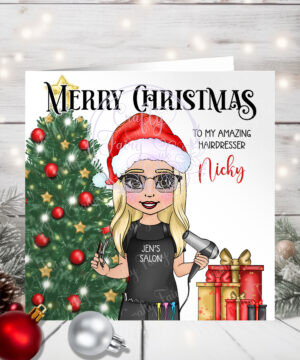 personalised hairdresser with tree christmas card