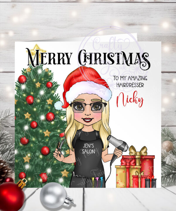 personalised hairdresser with tree christmas card