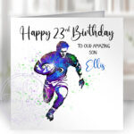 personalised watercolour colourful splash rugby player birthday or congratulations card