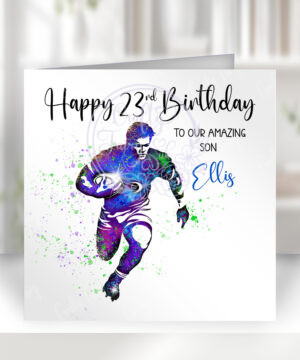 personalised watercolour colourful splash rugby player birthday or congratulations card