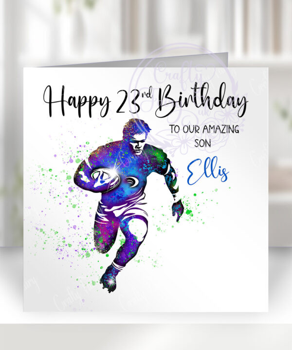 personalised watercolour colourful splash rugby player birthday or congratulations card