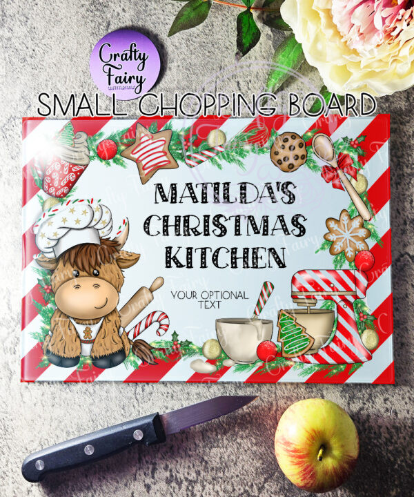 personalised highland cow chef and red striped christmas glass chopping board