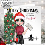 personalised female teacher in red outfit birthday card (copy)
