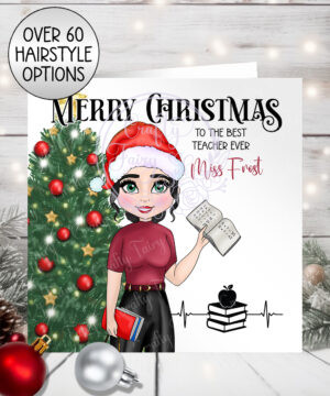 personalised female teacher in red outfit birthday card (copy)