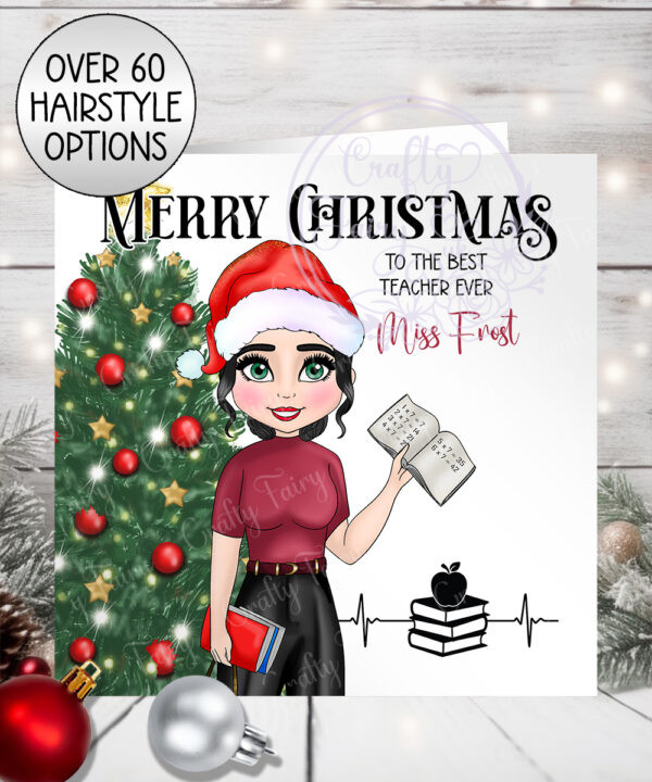 personalised female teacher in red outfit birthday card (copy)