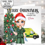 personalised female paramedic & ambulance christmas card