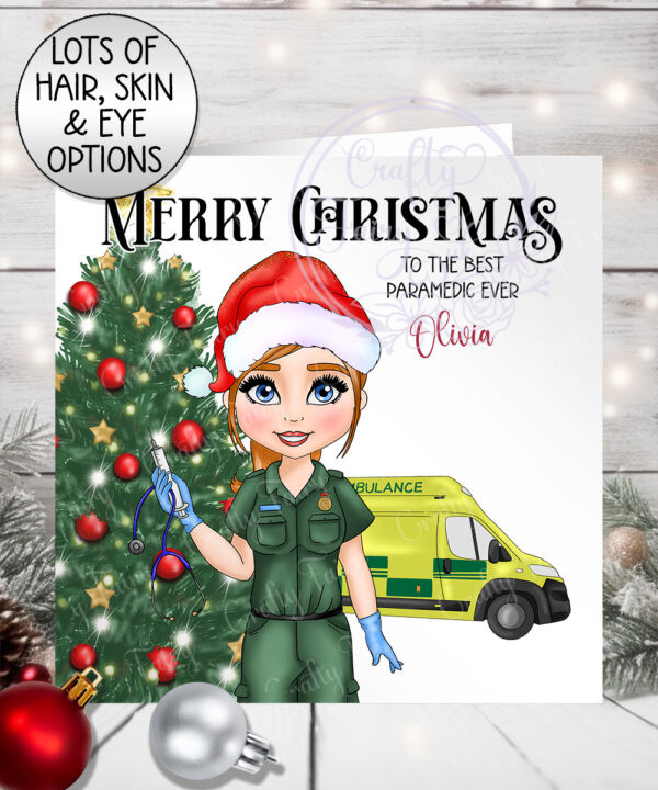 personalised female paramedic & ambulance christmas card