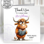 personalised highland cow teacher thank you greetings card