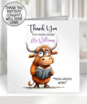 personalised highland cow teacher thank you greetings card
