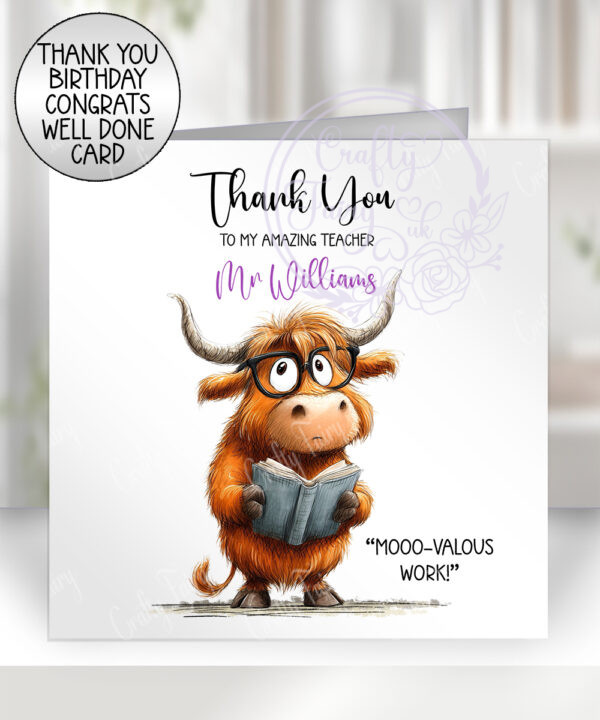 personalised highland cow teacher thank you greetings card