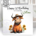 personalised highland cow with sunflowers birthday greetings card