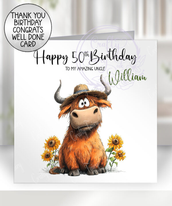 personalised highland cow with sunflowers birthday greetings card