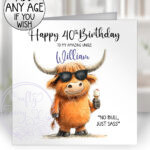 personalised highland cow sassy on beach birthday greetings card