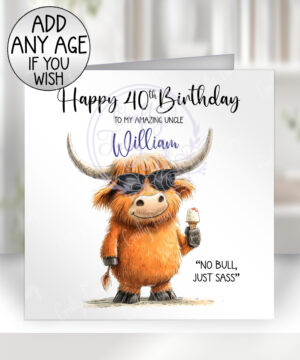 personalised highland cow sassy on beach birthday greetings card