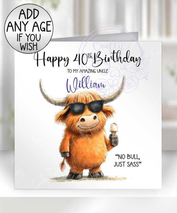 personalised highland cow sassy on beach birthday greetings card