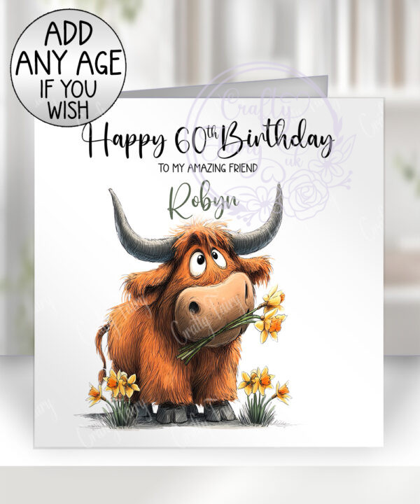 personalised highland cow eating daffodils birthday greetings card